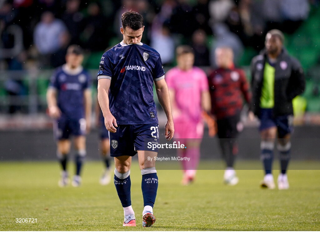 3 August 2025; Danny Mullen of Derry City after the SSE Airtricity Men's Premier Division match between Shamrock Rovers and Derry City at Tallaght Stadium in Dublin.  Photo by Stephen McCarthy/Sportsfile