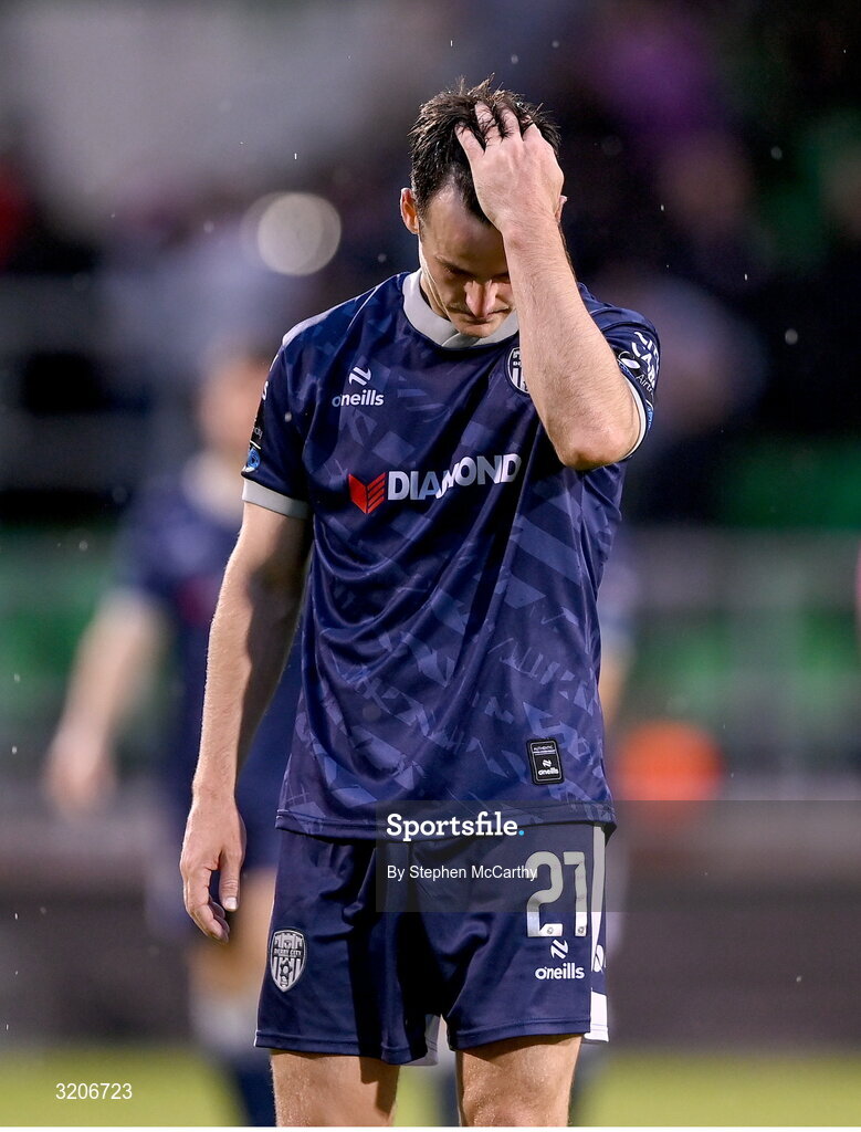 3 August 2025; Danny Mullen of Derry City after the SSE Airtricity Men's Premier Division match between Shamrock Rovers and Derry City at Tallaght Stadium in Dublin.  Photo by Stephen McCarthy/Sportsfile