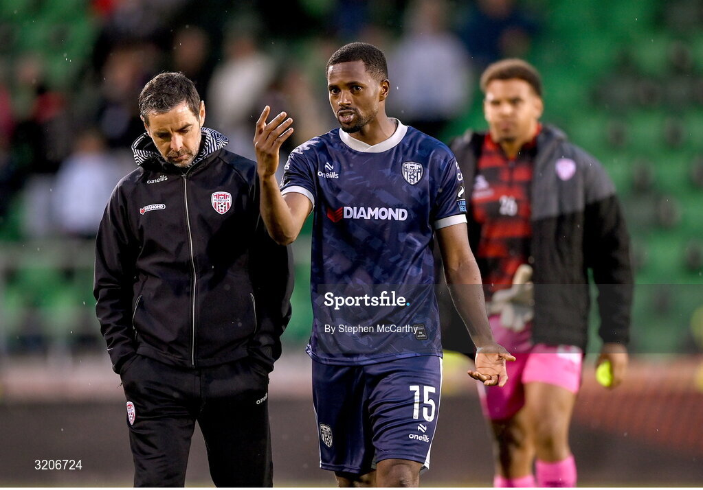 3 August 2025; Derry City manager Tiernan Lynch and Sadou Diallo after the SSE Airtricity Men's Premier Division match between Shamrock Rovers and Derry City at Tallaght Stadium in Dublin.  Photo by Stephen McCarthy/Sportsfile