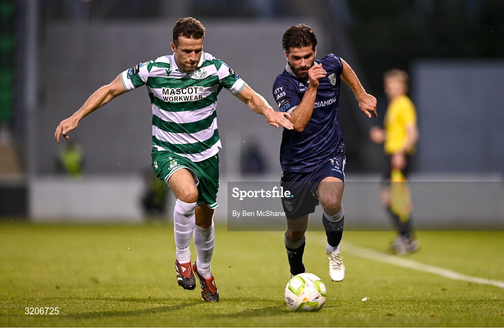 3 August 2025; Brandon Fleming of Derry City in action against Adam Matthews of Shamrock Rovers during the SSE Airtricity Men's Premier Division match between Shamrock Rovers and Derry City at Tallaght Stadium in Dublin.  Photo by Ben McShane/Sportsfile