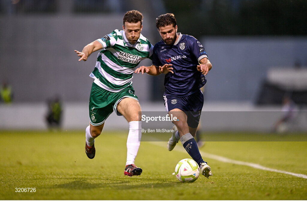 3 August 2025; Brandon Fleming of Derry City in action against Adam Matthews of Shamrock Rovers during the SSE Airtricity Men's Premier Division match between Shamrock Rovers and Derry City at Tallaght Stadium in Dublin.  Photo by Ben McShane/Sportsfile