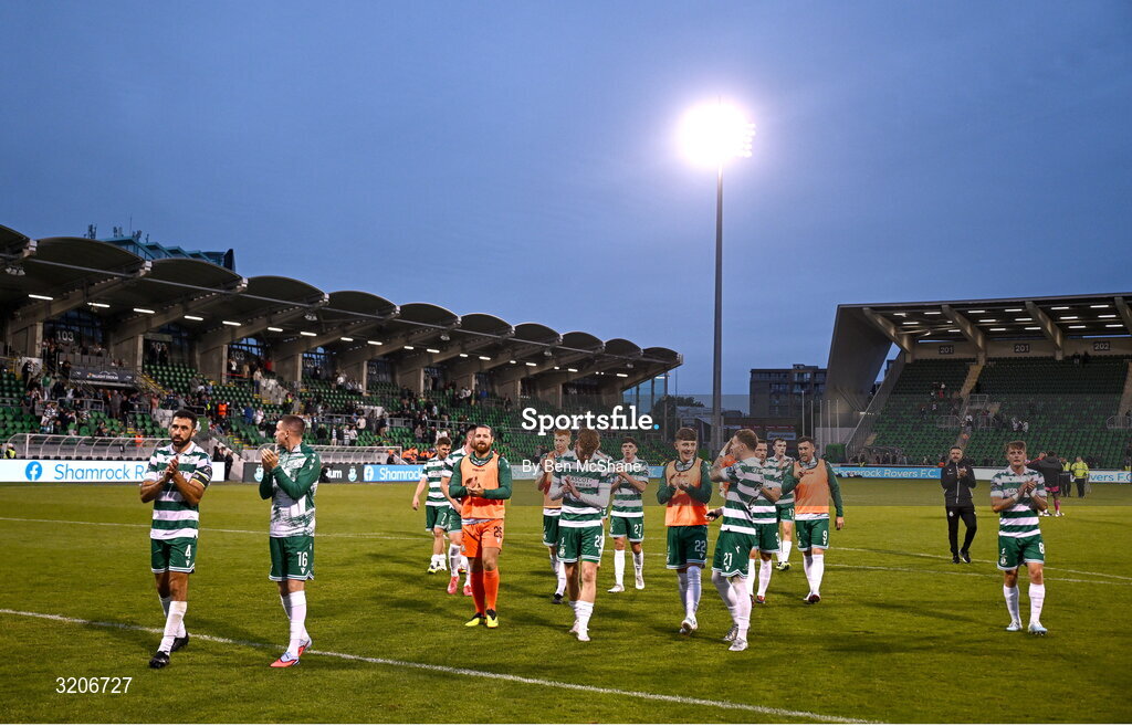 3 August 2025; Shamrock Rovers players celebrate after their the SSE Airtricity Men's Premier Division match between Shamrock Rovers and Derry City at Tallaght Stadium in Dublin.  Photo by Ben McShane/Sportsfile