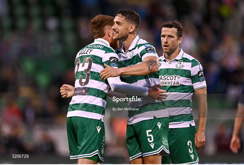3 August 2025; Lee Grace, right, and Connor Malley of Shamrock Rovers celebrate after the SSE Airtricity Men's Premier Division match between Shamrock Rovers and Derry City at Tallaght Stadium in Dublin.  Photo by Ben McShane/Sportsfile