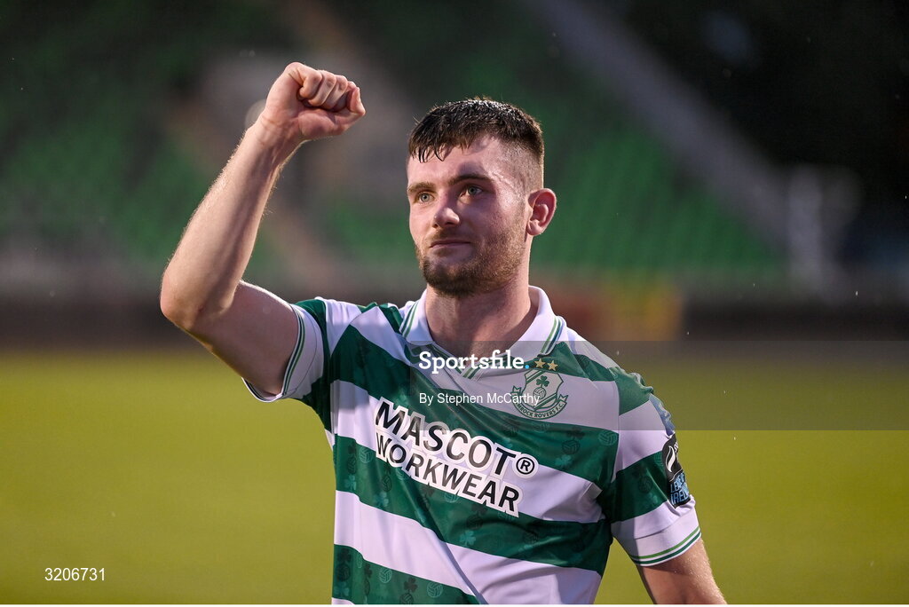 3 August 2025; Josh Honohan of Shamrock Rovers celebrates after the SSE Airtricity Men's Premier Division match between Shamrock Rovers and Derry City at Tallaght Stadium in Dublin.  Photo by Stephen McCarthy/Sportsfile