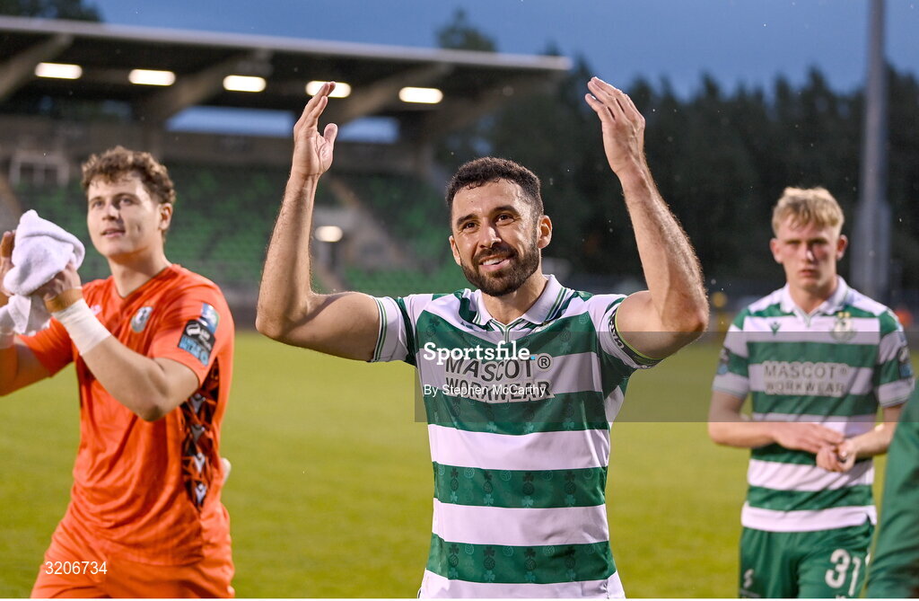 3 August 2025; Roberto Lopes of Shamrock Rovers celebrates after the SSE Airtricity Men's Premier Division match between Shamrock Rovers and Derry City at Tallaght Stadium in Dublin.  Photo by Stephen McCarthy/Sportsfile