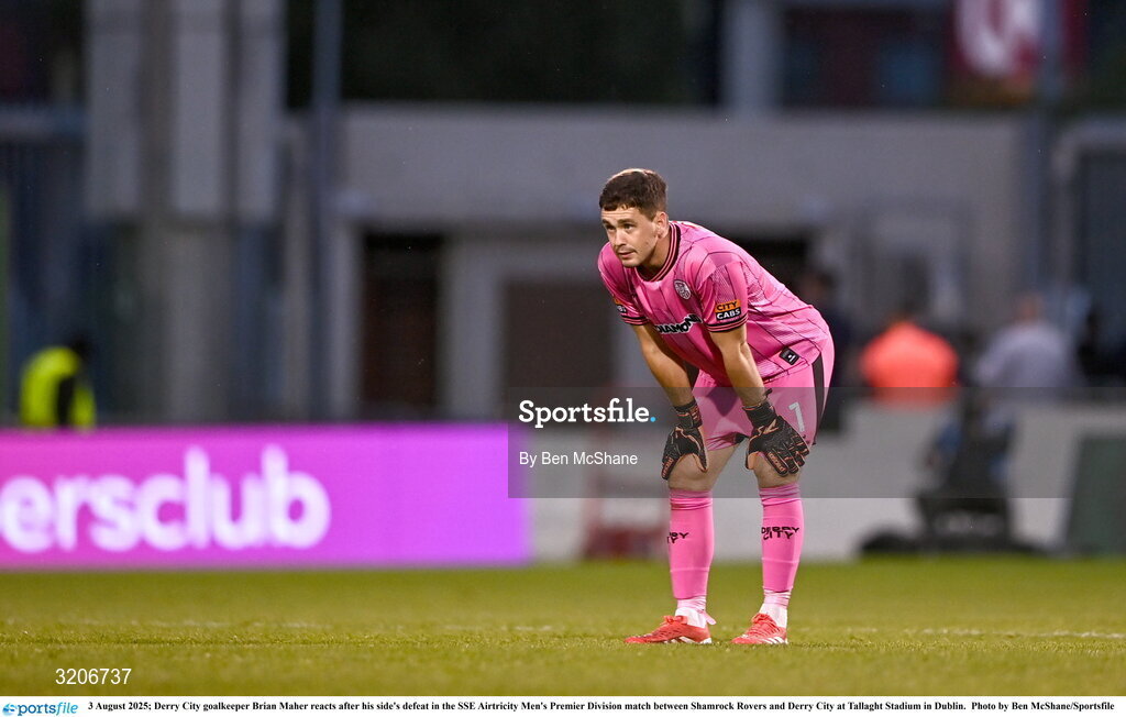 3 August 2025; Derry City goalkeeper Brian Maher reacts after his side's defeat in the SSE Airtricity Men's Premier Division match between Shamrock Rovers and Derry City at Tallaght Stadium in Dublin.  Photo by Ben McShane/Sportsfile