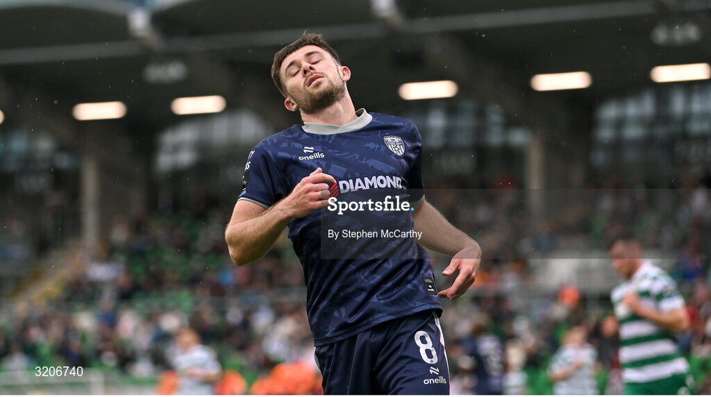 3 August 2025; Adam O'Reilly of Derry City reacts to a missed opportunity on goal during the SSE Airtricity Men's Premier Division match between Shamrock Rovers and Derry City at Tallaght Stadium in Dublin.  Photo by Stephen McCarthy/Sportsfile