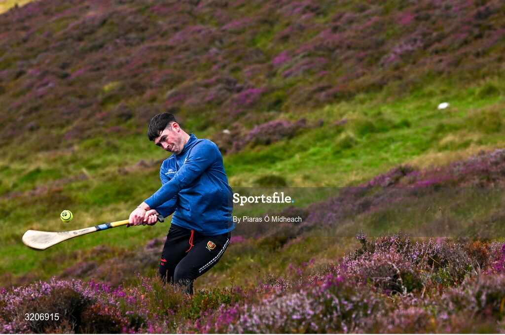 4 August 2025; Pearse Smyth of Down competing in the Senior Hurling competition during the M. Donnelly GAA Poc Fada All-Ireland Finals at Annaverna Mountain in the Cooley Peninsula, Ravensdale, Louth. Photo by Piaras Ó Mídheach/Sportsfile