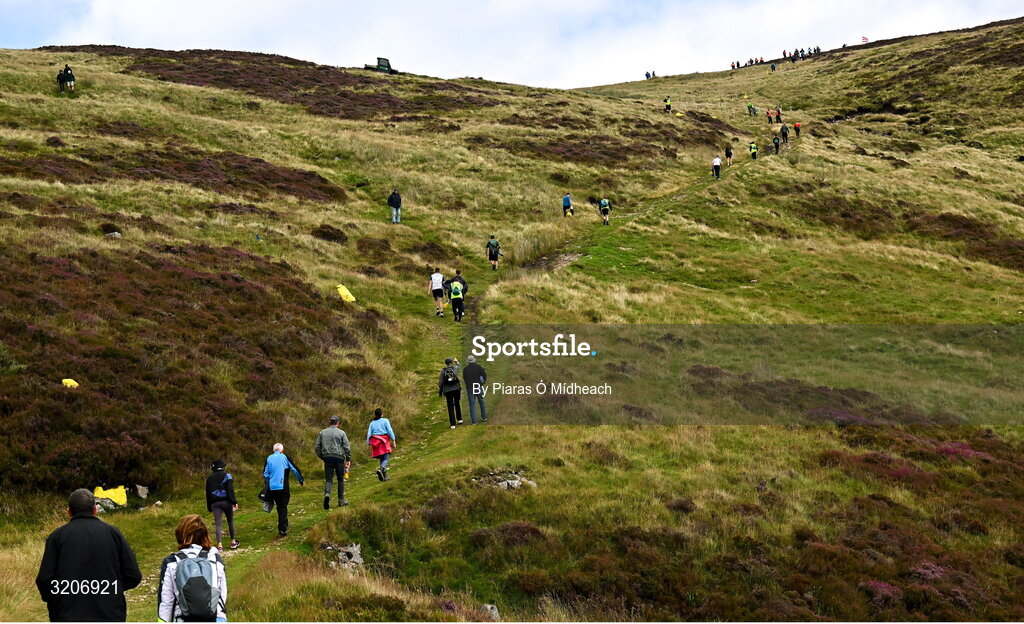 4 August 2025; Competiors, officials and spectators during the M. Donnelly GAA Poc Fada All-Ireland Finals at Annaverna Mountain in the Cooley Peninsula, Ravensdale, Louth. Photo by Piaras Ó Mídheach/Sportsfile