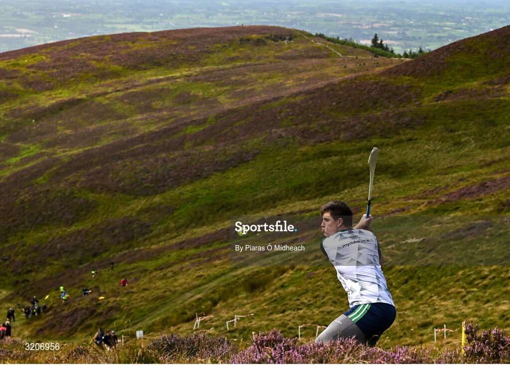 4 August 2025; Cillian Kiely of Offaly competing in the Senior Hurling competition during the M. Donnelly GAA Poc Fada All-Ireland Finals at Annaverna Mountain in the Cooley Peninsula, Ravensdale, Louth. Photo by Piaras Ó Mídheach/Sportsfile