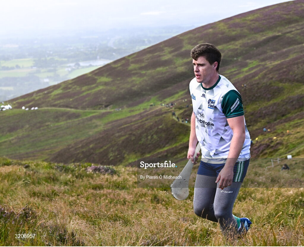 4 August 2025; Cillian Kiely of Offaly competing in the Senior Hurling competition during the M. Donnelly GAA Poc Fada All-Ireland Finals at Annaverna Mountain in the Cooley Peninsula, Ravensdale, Louth. Photo by Piaras Ó Mídheach/Sportsfile
