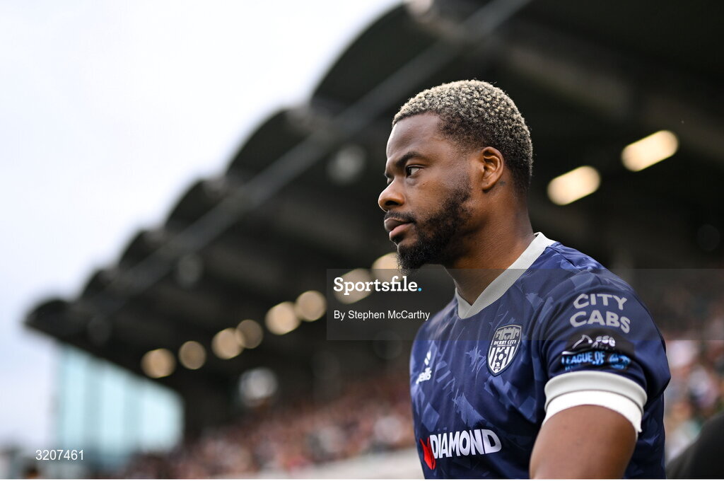 3 August 2025; Dipo Akinyemi of Derry City before the SSE Airtricity Men's Premier Division match between Shamrock Rovers and Derry City at Tallaght Stadium in Dublin.  Photo by Stephen McCarthy/Sportsfile