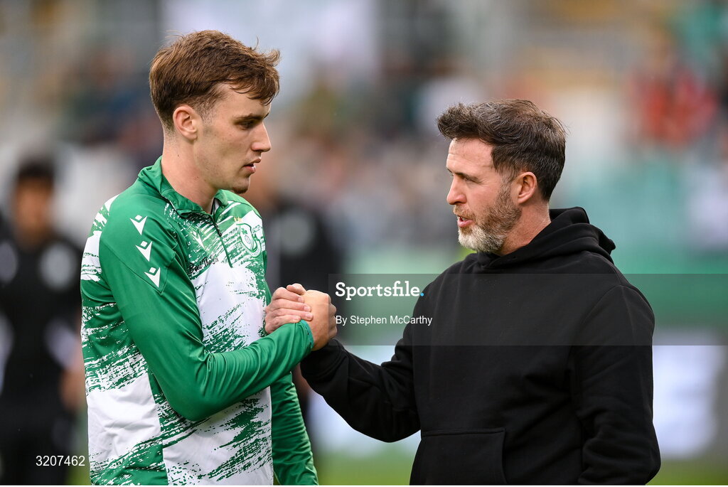 3 August 2025; Shamrock Rovers manager Stephen Bradley and Matt Healy, left, before the SSE Airtricity Men's Premier Division match between Shamrock Rovers and Derry City at Tallaght Stadium in Dublin.  Photo by Stephen McCarthy/Sportsfile