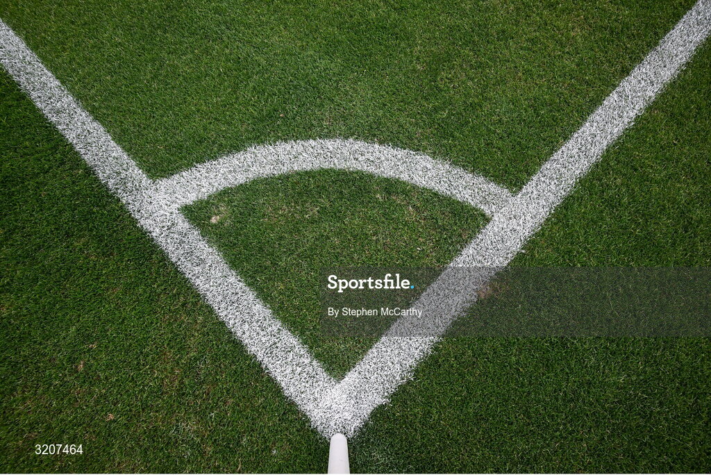 3 August 2025; A detailed view of the pitch markings in the corner before the SSE Airtricity Men's Premier Division match between Shamrock Rovers and Derry City at Tallaght Stadium in Dublin.  Photo by Stephen McCarthy/Sportsfile