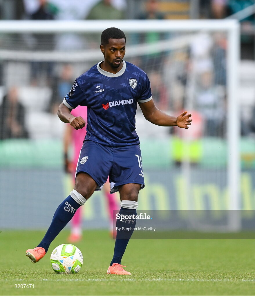 3 August 2025; Sadou Diallo of Derry City during the SSE Airtricity Men's Premier Division match between Shamrock Rovers and Derry City at Tallaght Stadium in Dublin.  Photo by Stephen McCarthy/Sportsfile