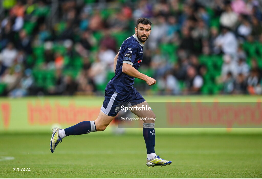 3 August 2025; Michael Duffy of Derry City during the SSE Airtricity Men's Premier Division match between Shamrock Rovers and Derry City at Tallaght Stadium in Dublin.  Photo by Stephen McCarthy/Sportsfile