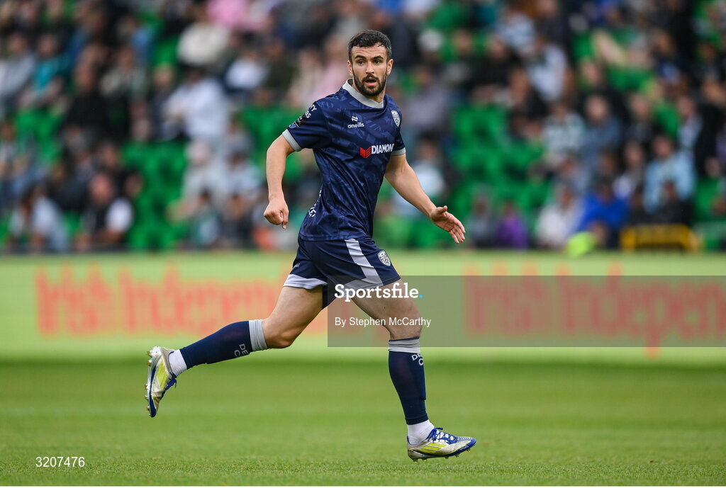 3 August 2025; Michael Duffy of Derry City during the SSE Airtricity Men's Premier Division match between Shamrock Rovers and Derry City at Tallaght Stadium in Dublin.  Photo by Stephen McCarthy/Sportsfile