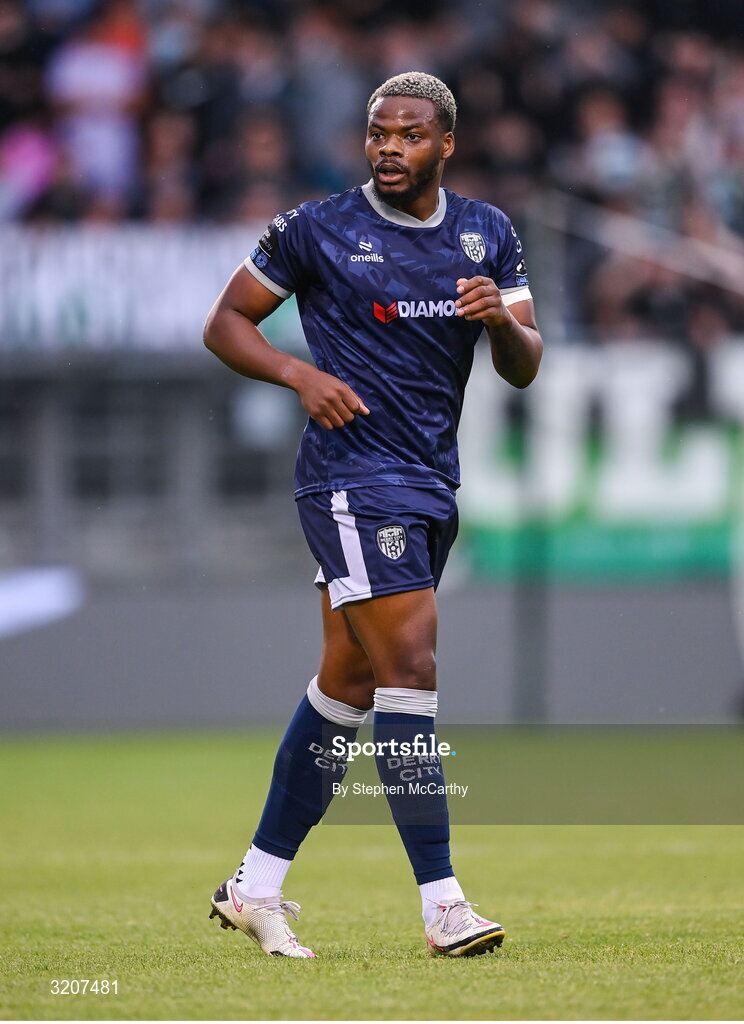 3 August 2025; Dipo Akinyemi of Derry City during the SSE Airtricity Men's Premier Division match between Shamrock Rovers and Derry City at Tallaght Stadium in Dublin.  Photo by Stephen McCarthy/Sportsfile