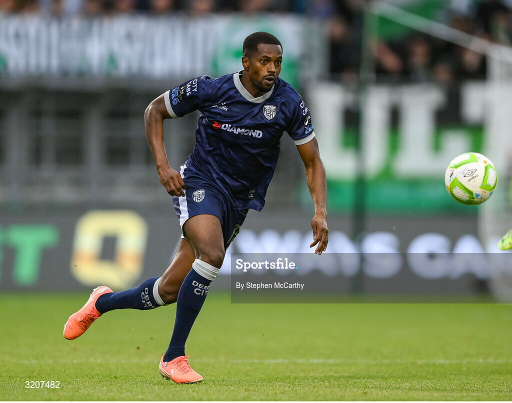 3 August 2025; Sadou Diallo of Derry City during the SSE Airtricity Men's Premier Division match between Shamrock Rovers and Derry City at Tallaght Stadium in Dublin.  Photo by Stephen McCarthy/Sportsfile