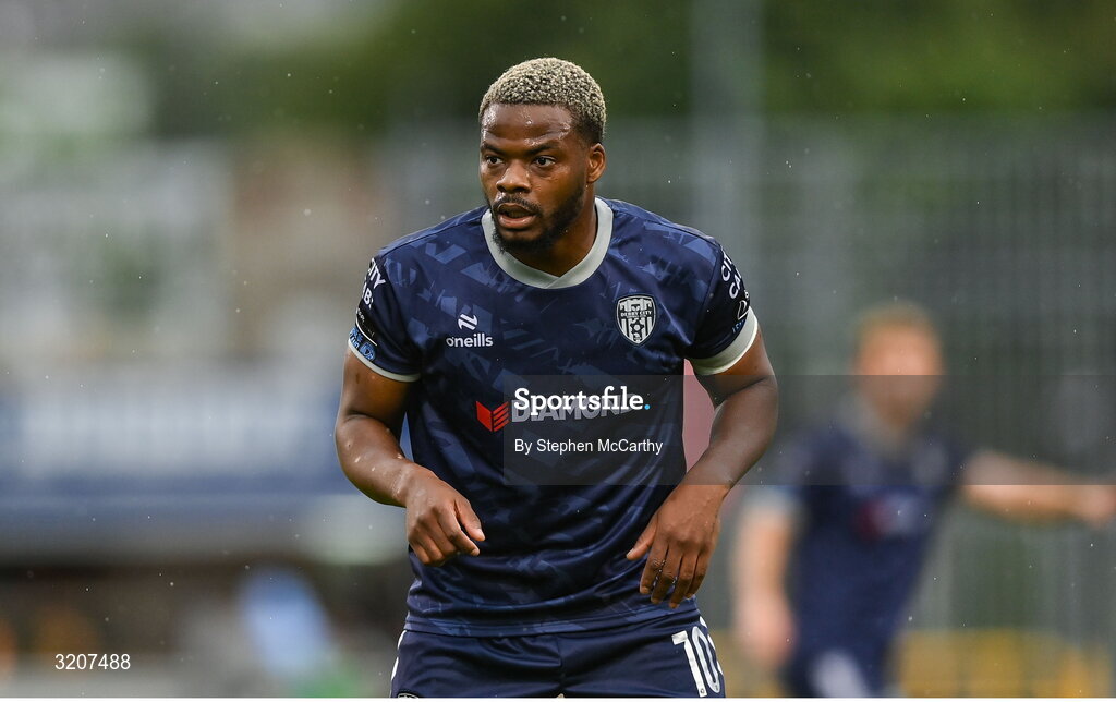 3 August 2025; Dipo Akinyemi of Derry City during the SSE Airtricity Men's Premier Division match between Shamrock Rovers and Derry City at Tallaght Stadium in Dublin.  Photo by Stephen McCarthy/Sportsfile