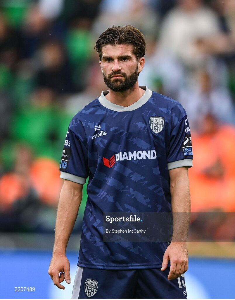 3 August 2025; Brandon Fleming of Derry City during the SSE Airtricity Men's Premier Division match between Shamrock Rovers and Derry City at Tallaght Stadium in Dublin.  Photo by Stephen McCarthy/Sportsfile