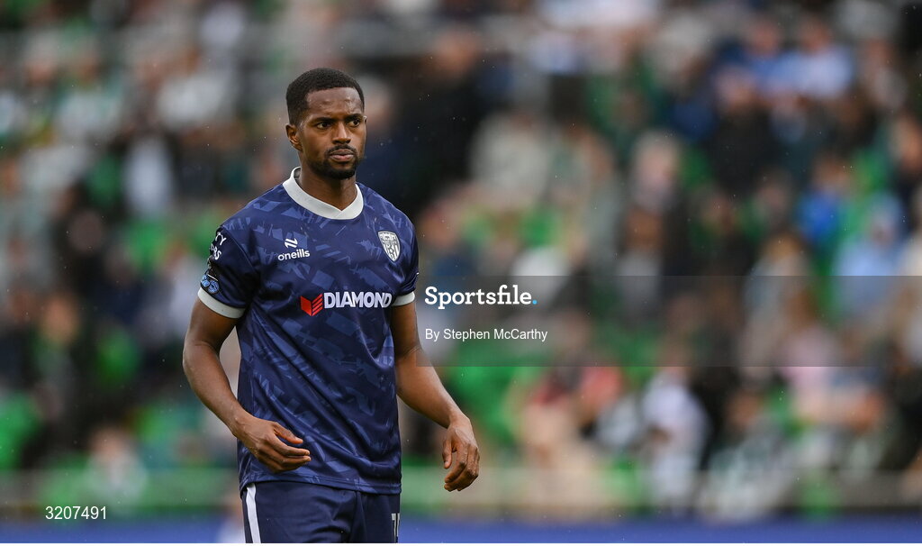3 August 2025; Sadou Diallo of Derry City during the SSE Airtricity Men's Premier Division match between Shamrock Rovers and Derry City at Tallaght Stadium in Dublin.  Photo by Stephen McCarthy/Sportsfile