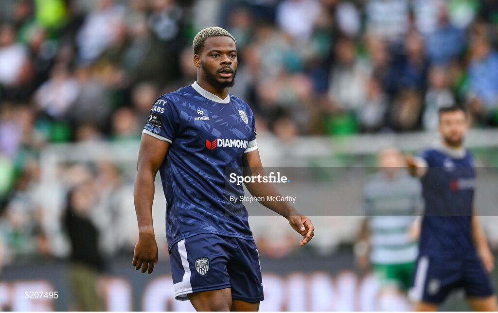 3 August 2025; Dipo Akinyemi of Derry City during the SSE Airtricity Men's Premier Division match between Shamrock Rovers and Derry City at Tallaght Stadium in Dublin.  Photo by Stephen McCarthy/Sportsfile