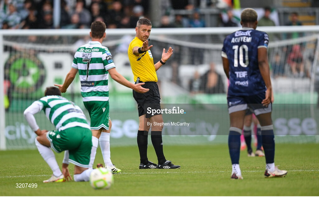 3 August 2025; Referee Paul McLaughlin during the SSE Airtricity Men's Premier Division match between Shamrock Rovers and Derry City at Tallaght Stadium in Dublin.  Photo by Stephen McCarthy/Sportsfile