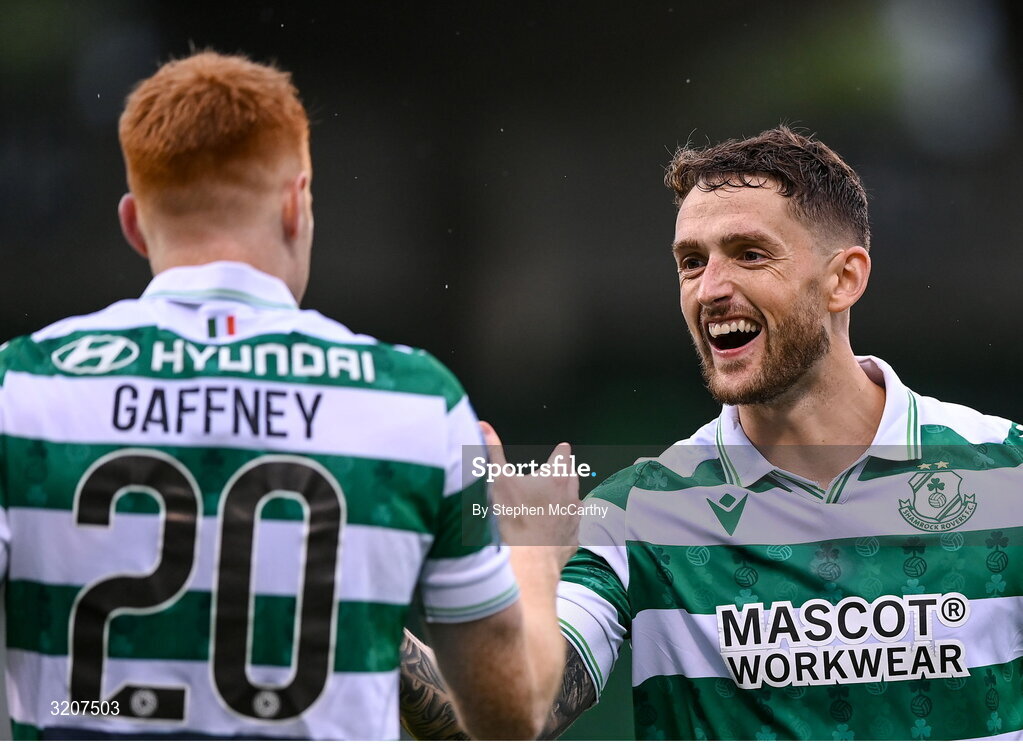 3 August 2025; Rory Gaffney is congratulated by his Shamrock Rovers team-mate Lee Grace, right, after scoring their side's first goal during the SSE Airtricity Men's Premier Division match between Shamrock Rovers and Derry City at Tallaght Stadium in Dublin.  Photo by Stephen McCarthy/Sportsfile