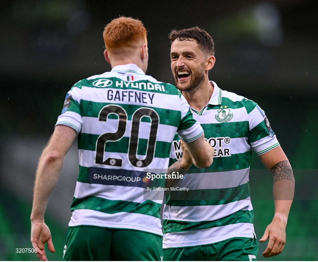 3 August 2025; Rory Gaffney is congratulated by his Shamrock Rovers team-mate Lee Grace, right, after scoring their side's first goal during the SSE Airtricity Men's Premier Division match between Shamrock Rovers and Derry City at Tallaght Stadium in Dublin.  Photo by Stephen McCarthy/Sportsfile