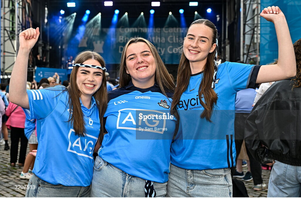 5 August 2025; Supporters, from left, Amber Raftery, Summer Murphy, and Lauren Mackessy, from Tallaght, during the TG4 All-Ireland Ladies Senior Football Champions homecoming at Smithfield Square in Dublin. Photo by Sam Barnes/Sportsfile
