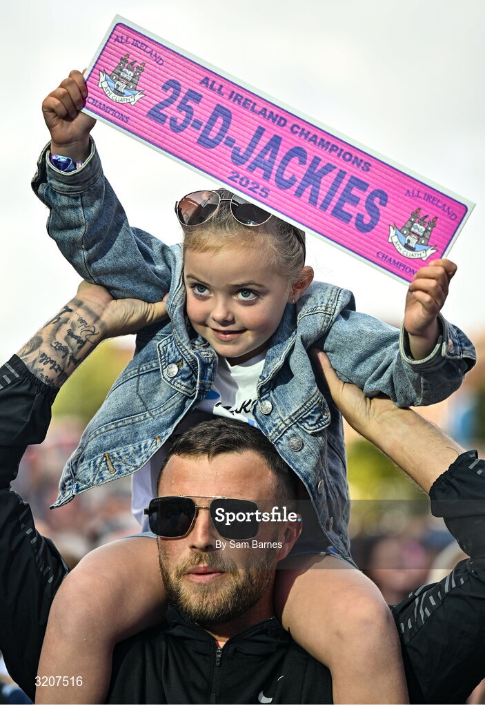 5 August 2025; Supporters during the homecoming of TG4 All-Ireland Ladies Senior Football Champions, Dublin, at Smithfield Square in Dublin. Photo by Sam Barnes/Sportsfile