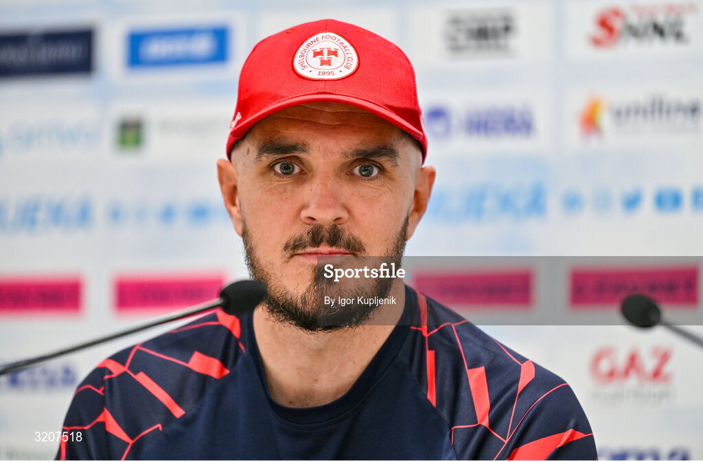 5 August 2025; Shelbourne head coach Joey O'Brien speaks to the media during a Shelbourne press conference at HNK Rijeka Stadium Rujevica in Croatia. Photo by Igor Kupljenik/Sportsfile