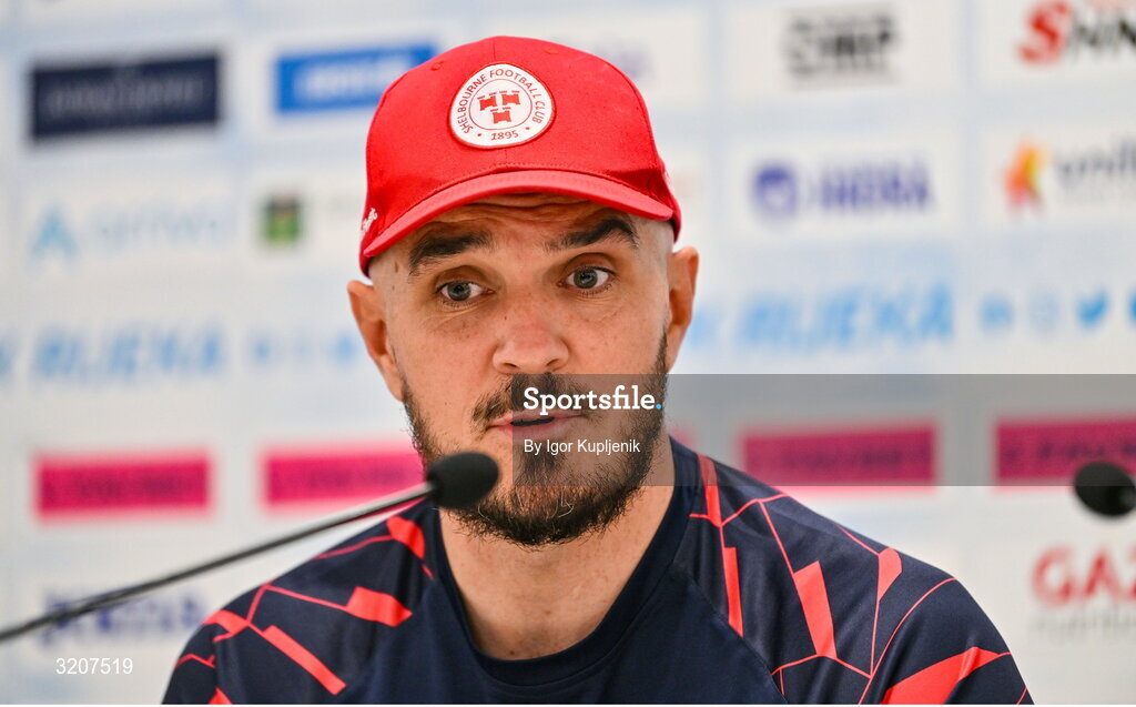 5 August 2025; Shelbourne head coach Joey O'Brien speaks to the media during a Shelbourne press conference at HNK Rijeka Stadium Rujevica in Croatia. Photo by Igor Kupljenik/Sportsfile