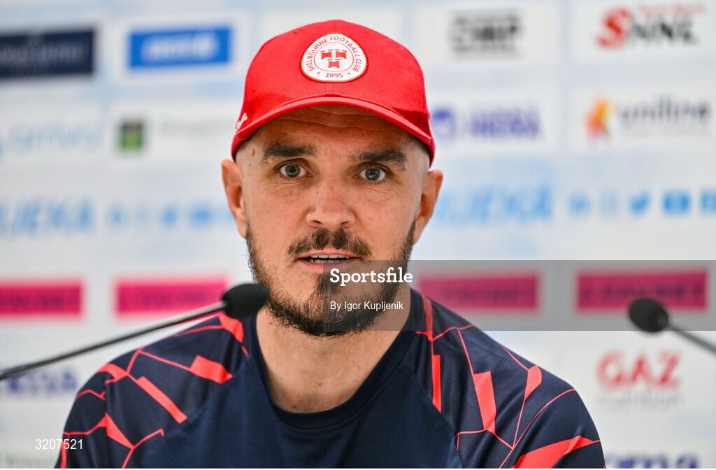 5 August 2025; Shelbourne head coach Joey O'Brien speaks to the media during a Shelbourne press conference at HNK Rijeka Stadium Rujevica in Croatia. Photo by Igor Kupljenik/Sportsfile