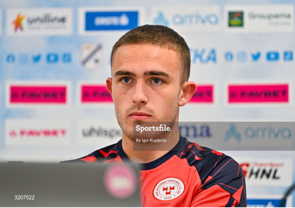 5 August 2025; Evan Caffrey of Shelbourne during a Shelbourne press conference at HNK Rijeka Stadium Rujevica in Croatia. Photo by Igor Kupljenik/Sportsfile