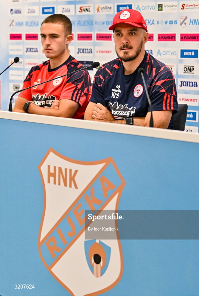 5 August 2025; Shelbourne head coach Joey O'Brien, right, and Evan Caffrey during a Shelbourne press conference at HNK Rijeka Stadium Rujevica in Croatia. Photo by Igor Kupljenik/Sportsfile