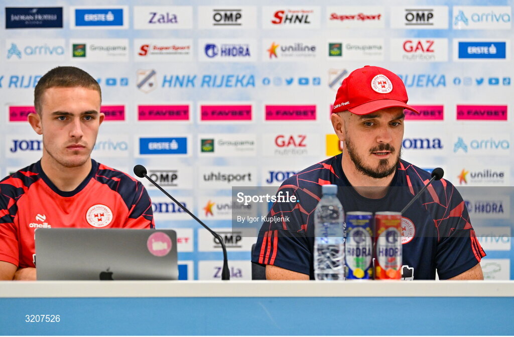 5 August 2025; Shelbourne head coach Joey O'Brien, right, and Evan Caffrey during a Shelbourne press conference at HNK Rijeka Stadium Rujevica in Croatia. Photo by Igor Kupljenik/Sportsfile