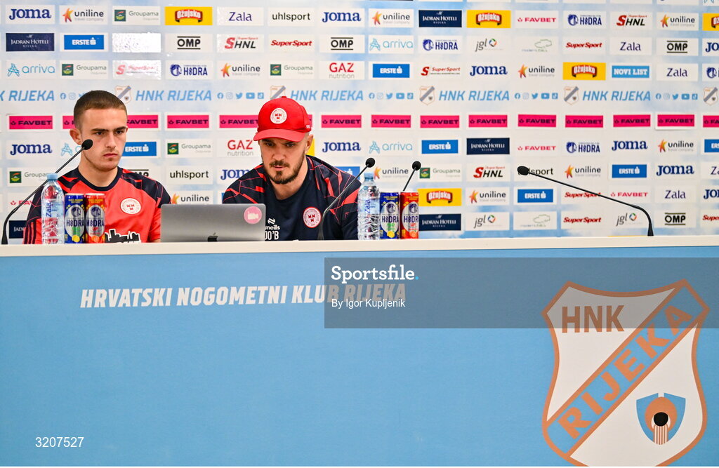 5 August 2025; Shelbourne head coach Joey O'Brien, right, and Evan Caffrey during a Shelbourne press conference at HNK Rijeka Stadium Rujevica in Croatia. Photo by Igor Kupljenik/Sportsfile