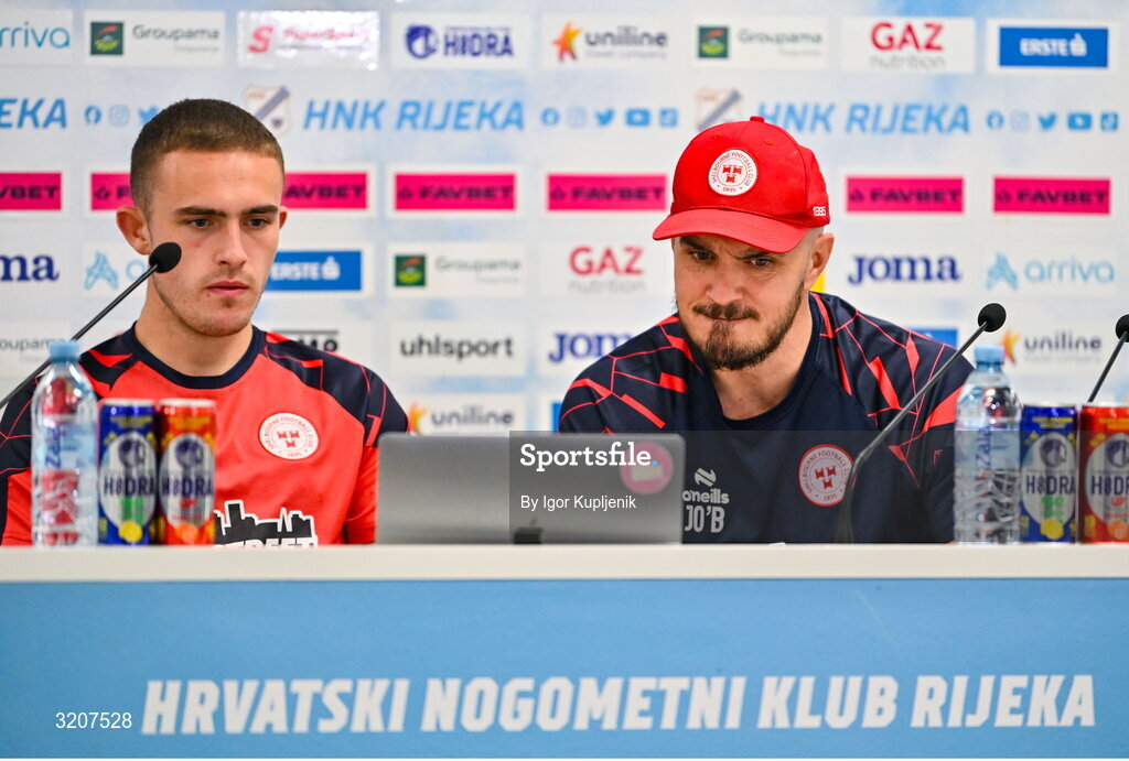 5 August 2025; Shelbourne head coach Joey O'Brien, right, and Evan Caffrey during a Shelbourne press conference at HNK Rijeka Stadium Rujevica in Croatia. Photo by Igor Kupljenik/Sportsfile