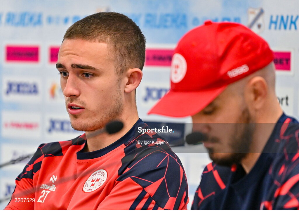 5 August 2025; Evan Caffrey, left, and Shelbourne head coach Joey O'Brien during a Shelbourne press conference at HNK Rijeka Stadium Rujevica in Croatia. Photo by Igor Kupljenik/Sportsfile