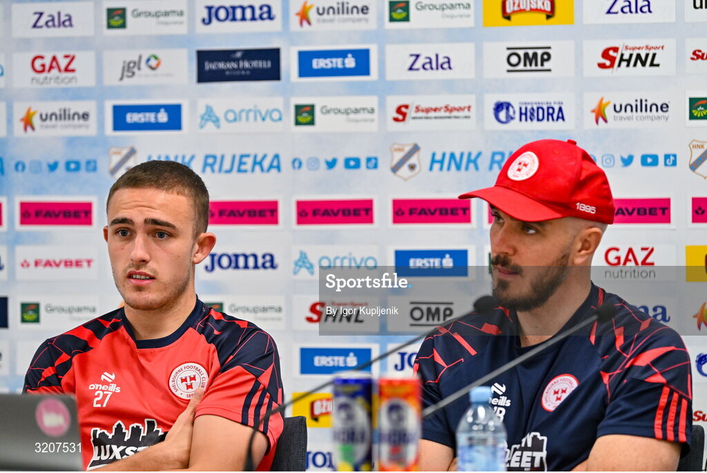 5 August 2025; Shelbourne head coach Joey O'Brien, right, and Evan Caffrey during a Shelbourne press conference at HNK Rijeka Stadium Rujevica in Croatia. Photo by Igor Kupljenik/Sportsfile