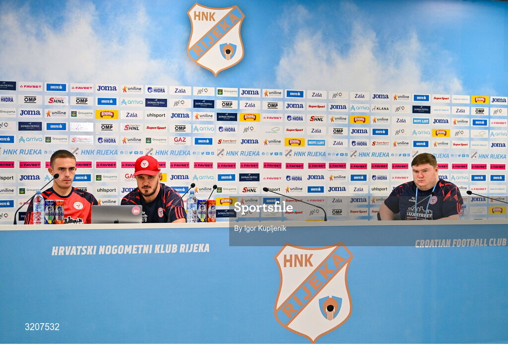 5 August 2025; Shelbourne head coach Joey O'Brien and Evan Caffrey, left, in the company of media officer Ben Cleary during a Shelbourne press conference at HNK Rijeka Stadium Rujevica in Croatia. Photo by Igor Kupljenik/Sportsfile