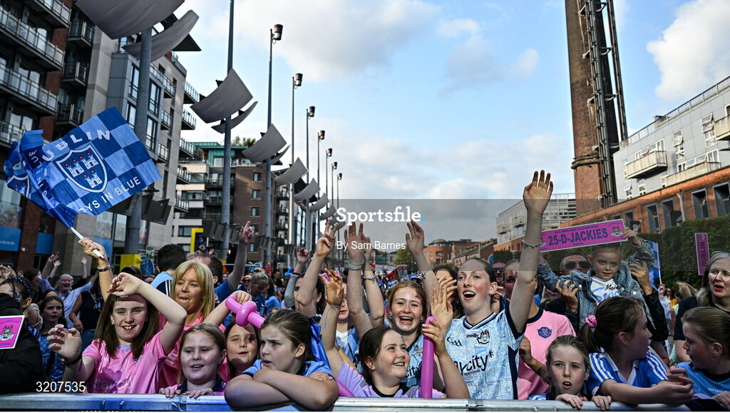 5 August 2025; Supporters during the homecoming of TG4 All-Ireland Ladies Senior Football Champions, Dublin, at Smithfield Square in Dublin. Photo by Sam Barnes/Sportsfile