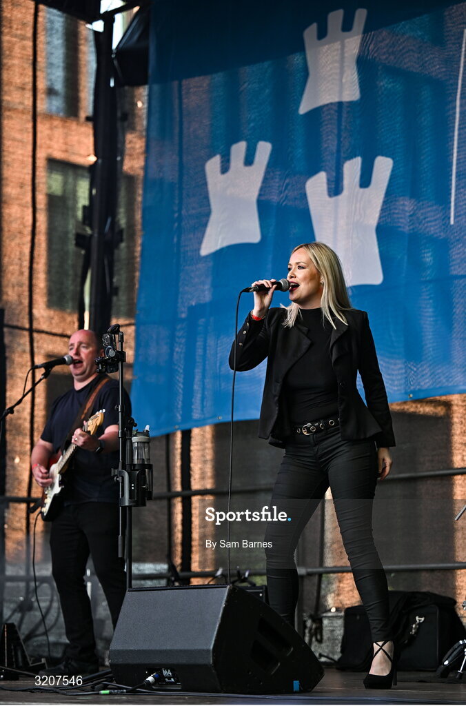 5 August 2025; Gossip perform during the homecoming of TG4 All-Ireland Ladies Senior Football Champions, Dublin, at Smithfield Square in Dublin. Photo by Sam Barnes/Sportsfile