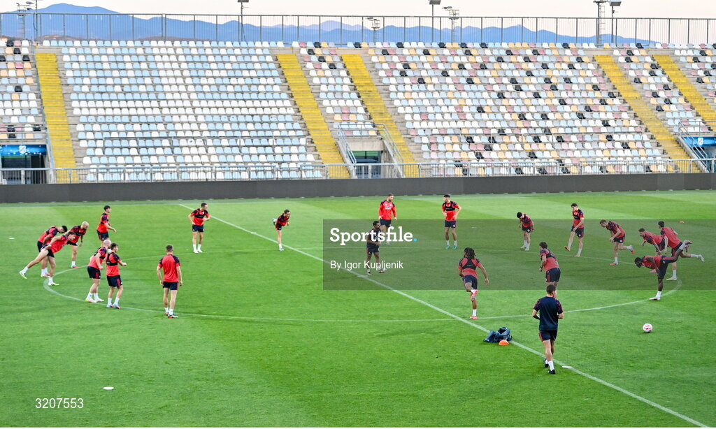 5 August 2025; Shelbourne players during a training session at HNK Rijeka Stadium Rujevica in Croatia. Photo by Igor Kupljenik/Sportsfile