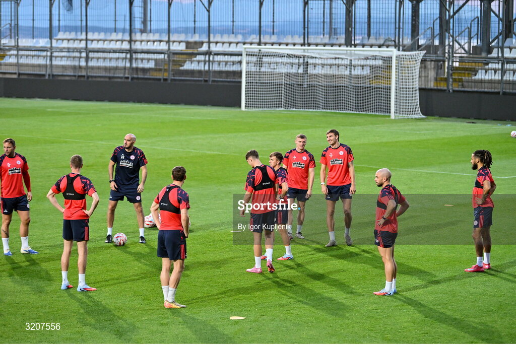 5 August 2025; Shelbourne head coach Joey O'Brien, centre, leads his players during a training session at HNK Rijeka Stadium Rujevica in Croatia. Photo by Igor Kupljenik/Sportsfile