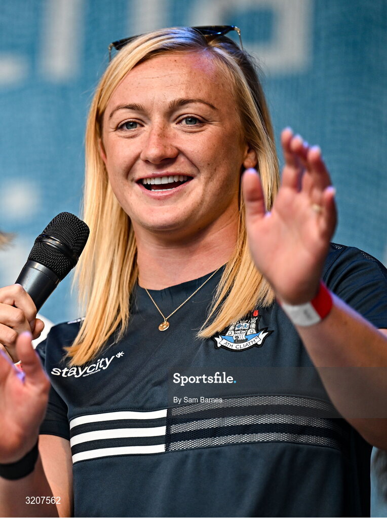 5 August 2025; Dublin captain Carla Rowe during the homecoming of TG4 All-Ireland Ladies Senior Football Champions, Dublin, at Smithfield Square in Dublin. Photo by Sam Barnes/Sportsfile