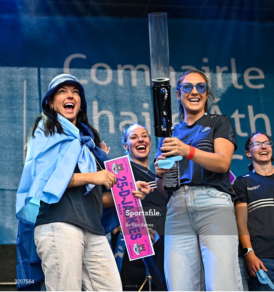 5 August 2025; Sinéad Goldrick, left, and Éilish O'Dowd during the homecoming of TG4 All-Ireland Ladies Senior Football Champions, Dublin, at Smithfield Square in Dublin. Photo by Sam Barnes/Sportsfile