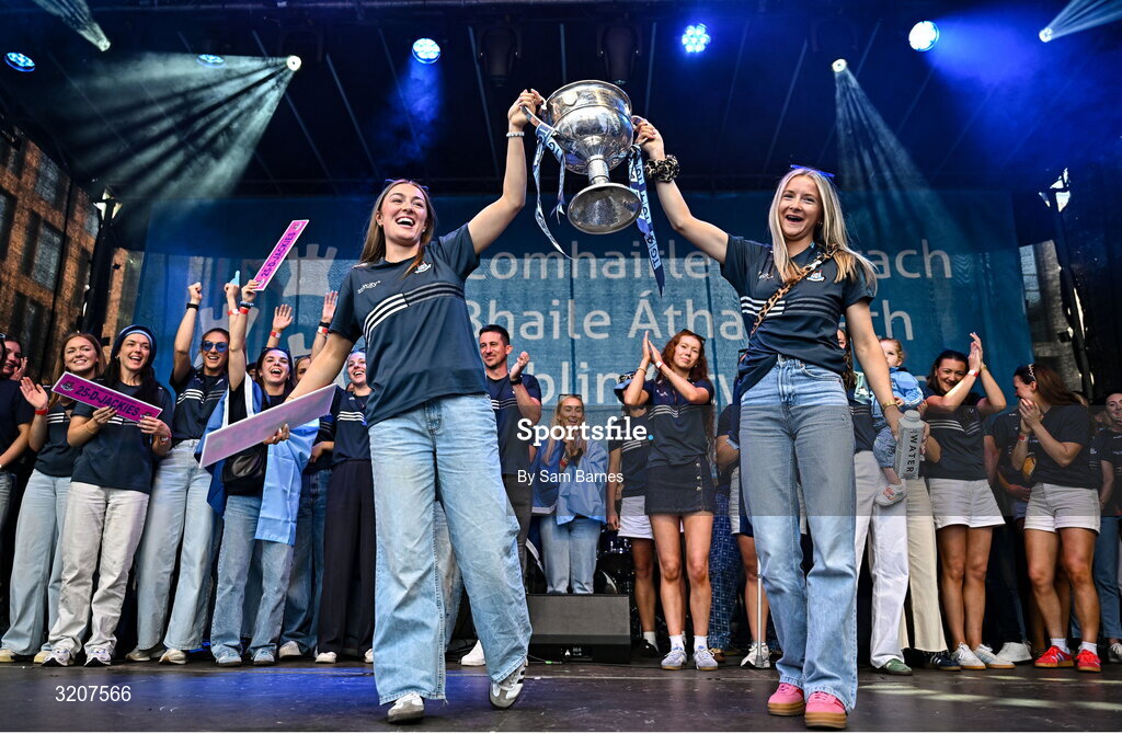 5 August 2025; Niamh Donlon, left, and Caoimhe O'Connor with The Brendan Martin Cup during the homecoming of TG4 All-Ireland Ladies Senior Football Champions, Dublin, at Smithfield Square in Dublin. Photo by Sam Barnes/Sportsfile